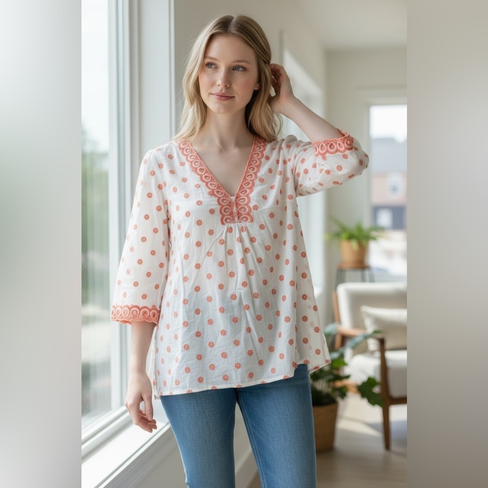 Robert Graham Floral Tunic Brandy Apricot and White Eyelet Embroidery Size M - Picture 2 of 10